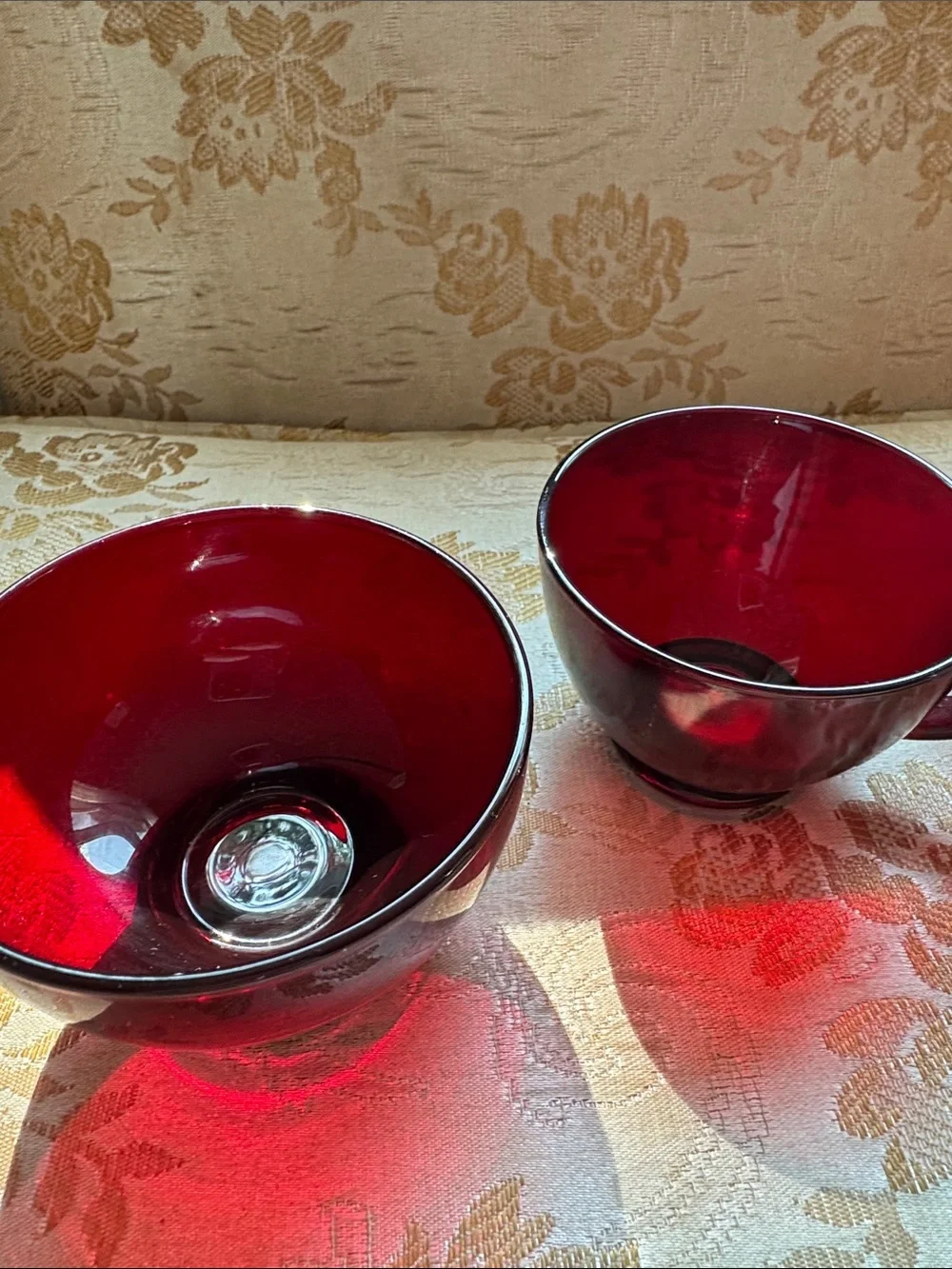 Set of Two Ruby Red Glass Cups and bowl